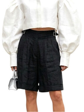 Massimo Dutti quiet luxury old money black pure linen pleated knee shorts 2